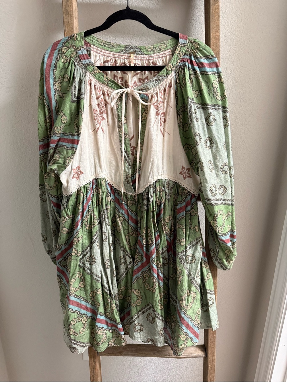 Free People Green Cream Bohemian Mini Dress tunic